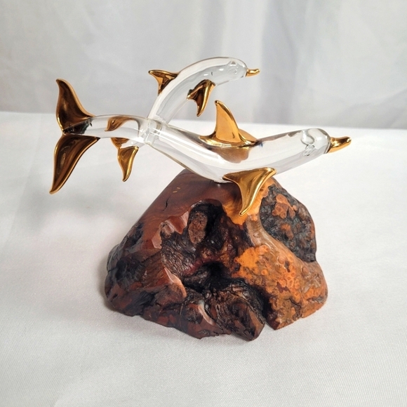 Glass Baron Dolphins Glass Figure 22K Gold Trim Wood Base 1997 - Picture 1 of 10